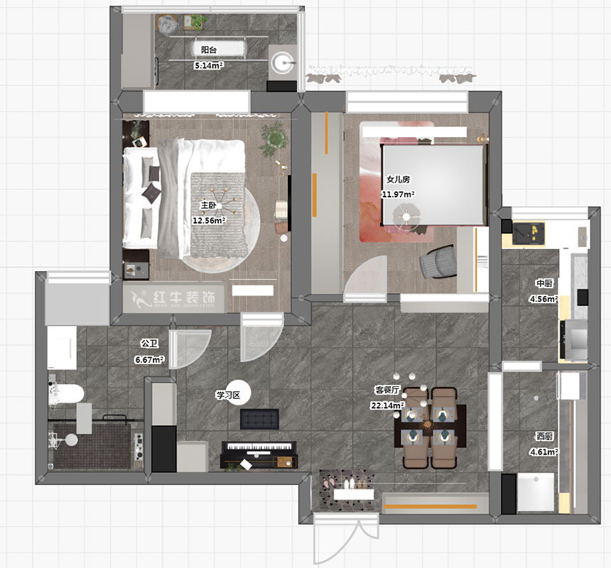 熊皓宇｜世茂滨江新城3-1-2102-90㎡-现代简约风格｜2室2厅1卫｜老房翻新｜成品家￥148100｜全包12万｜00_03彩平图